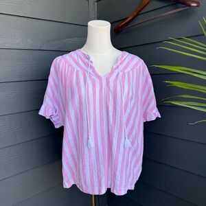 BeachLunchLounge Linen Cotton Pink White Stripe Tassel‎ Peasant Top Medium